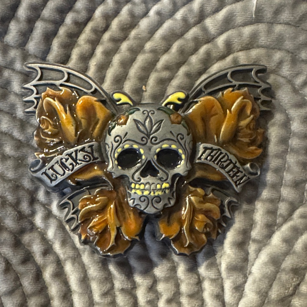 Lucky 13 Skull and Roses Belt Buckle